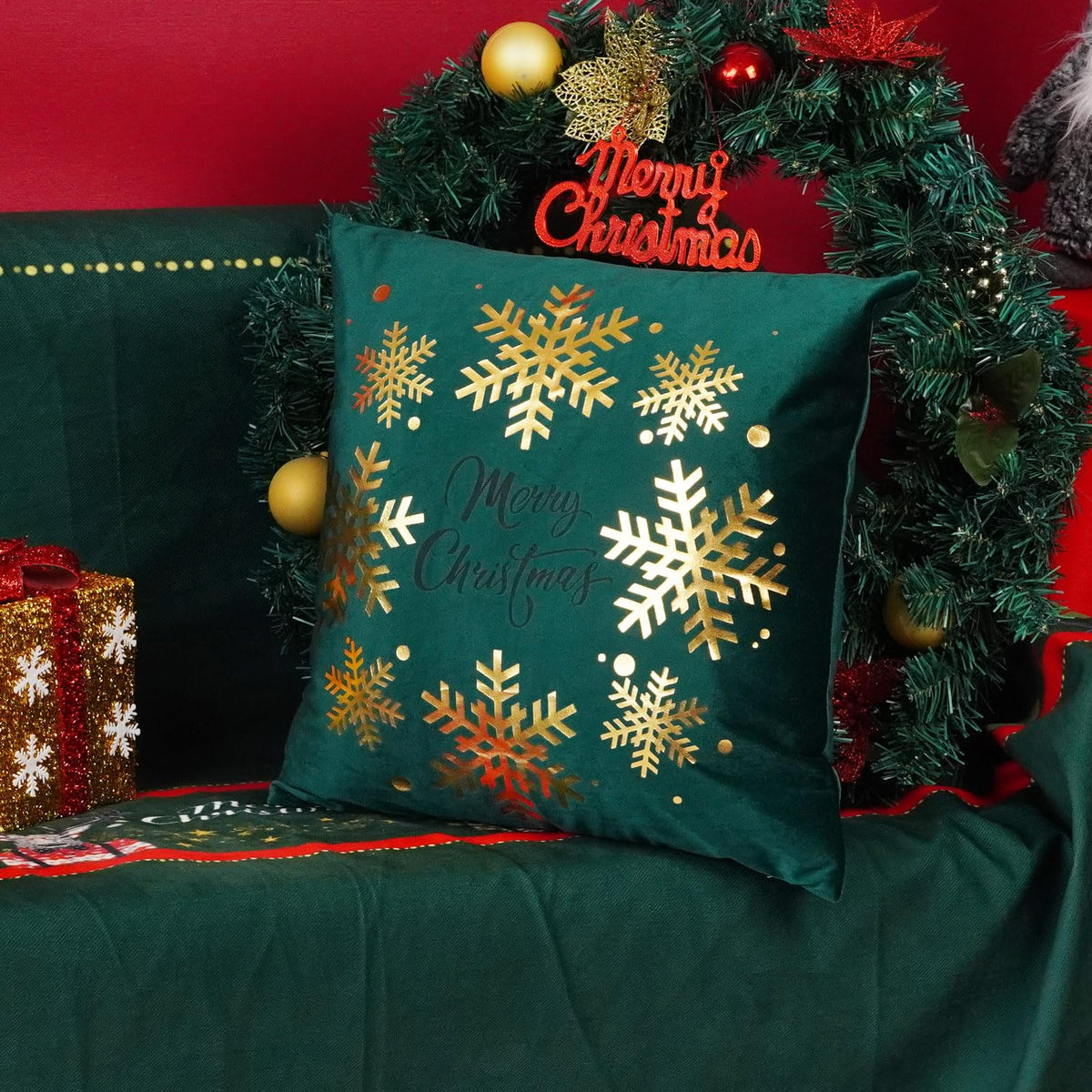ONWAY Green Christmas Decorations Gold Throw Pillow Covers 20x20 Set of 4 Snowflakes Reindeer Decorative Cushion Cases Xmas Golden Decor for Couch Sofa Bedroom