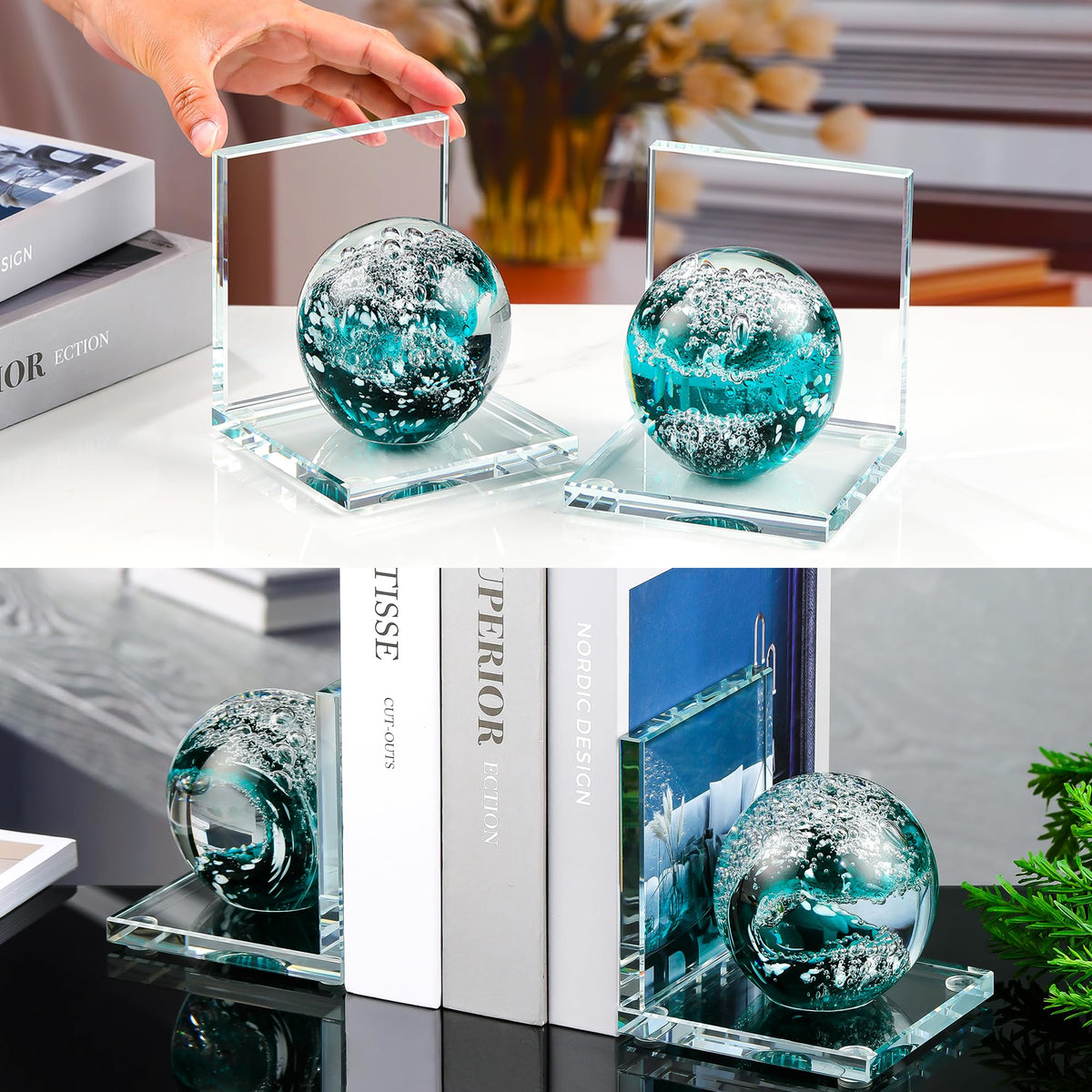 Book Ends for Shelves, Glass Bookends with Dark Blue Glass Hand Blown Sea Wave Ball, Non Skid Sturdy Decorative Bookends for Ocean Lovers, Heavy Books, Office, Set of 2