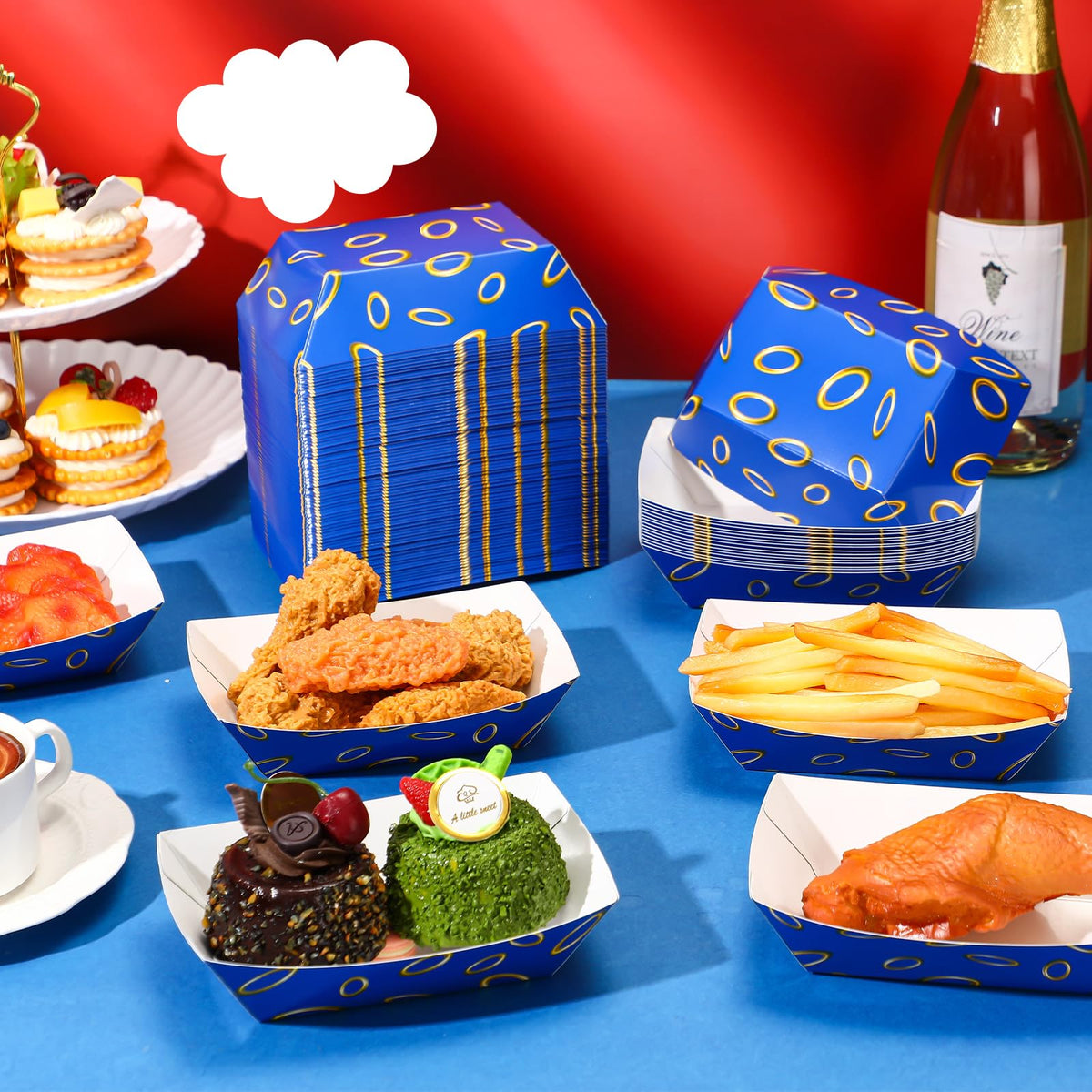 Baderke 100 Pcs Video Game Party Favors Paper Food Trays Boat 2lb Blue with Gold Ring Print Themed Disposable Nacho Trays Video Game Kraft Paper Boat for Christmas Tacos Concession for Birthday Party