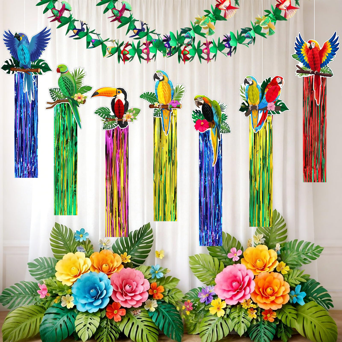 Gemscream 10 Pack 2026vbs Rainforest Tropical Birds Decorations Set Hawaiian Luau Party Supplies Includes 8 Pcs Tassel Hanging Swirls 2 Pcs 6.6ft Tropical Garland Decor for Beach Birds Birthday Party