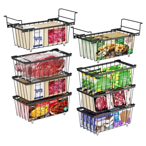 iSPECLE Chest Freezer Organizer Bins 8 Pack - Fit 7 Cu.Ft Deep Freezer, 2 Adjustable Hanging Baskets and 6 Pack Stackable Freezer Bins, Deep Freezer Organizer Bins Sort Frozen Food, Black