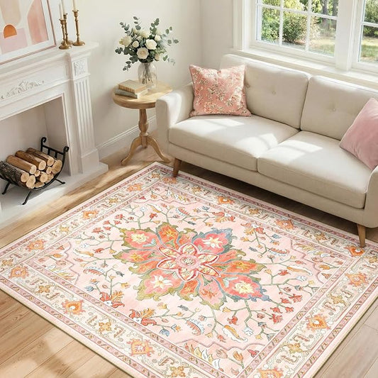 RELEANY Area Rugs 4'x6' Washable Non-Slip, Floral Vintage Distress Print