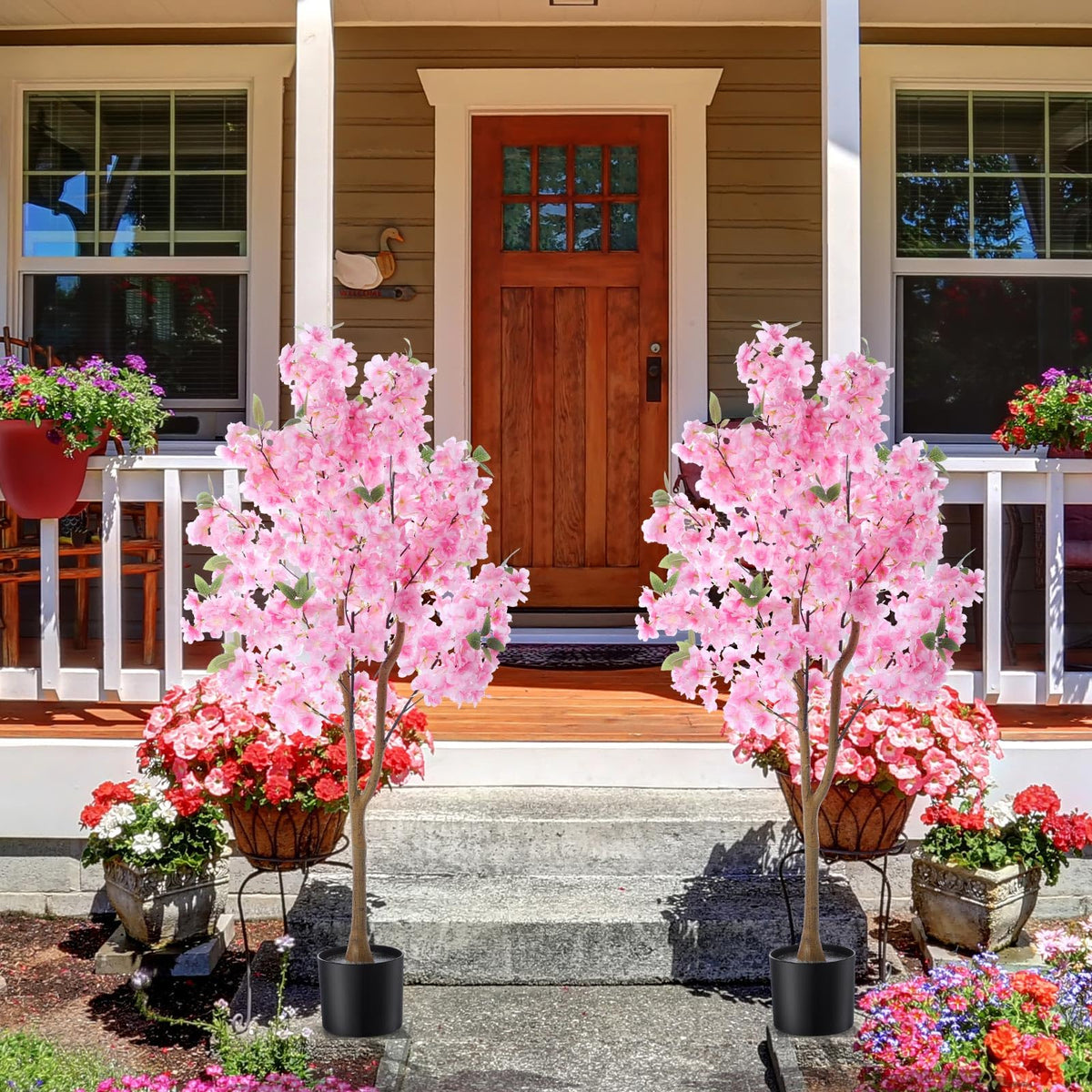 Giegxin 2 Pack Artificial Cherry Blossom Tree 3.9 FT Fake Faux Sakura Flowers Potted Plant Indoor with Plastic Nursery Pot for Home Porch Bedroom House Entryway Office Outdoor(Pink)