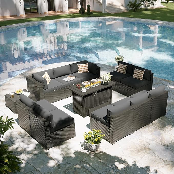Aoxun Patio Furniture Set with Fire Pit Table, 12 Piece Outdoor Sectional Sofas