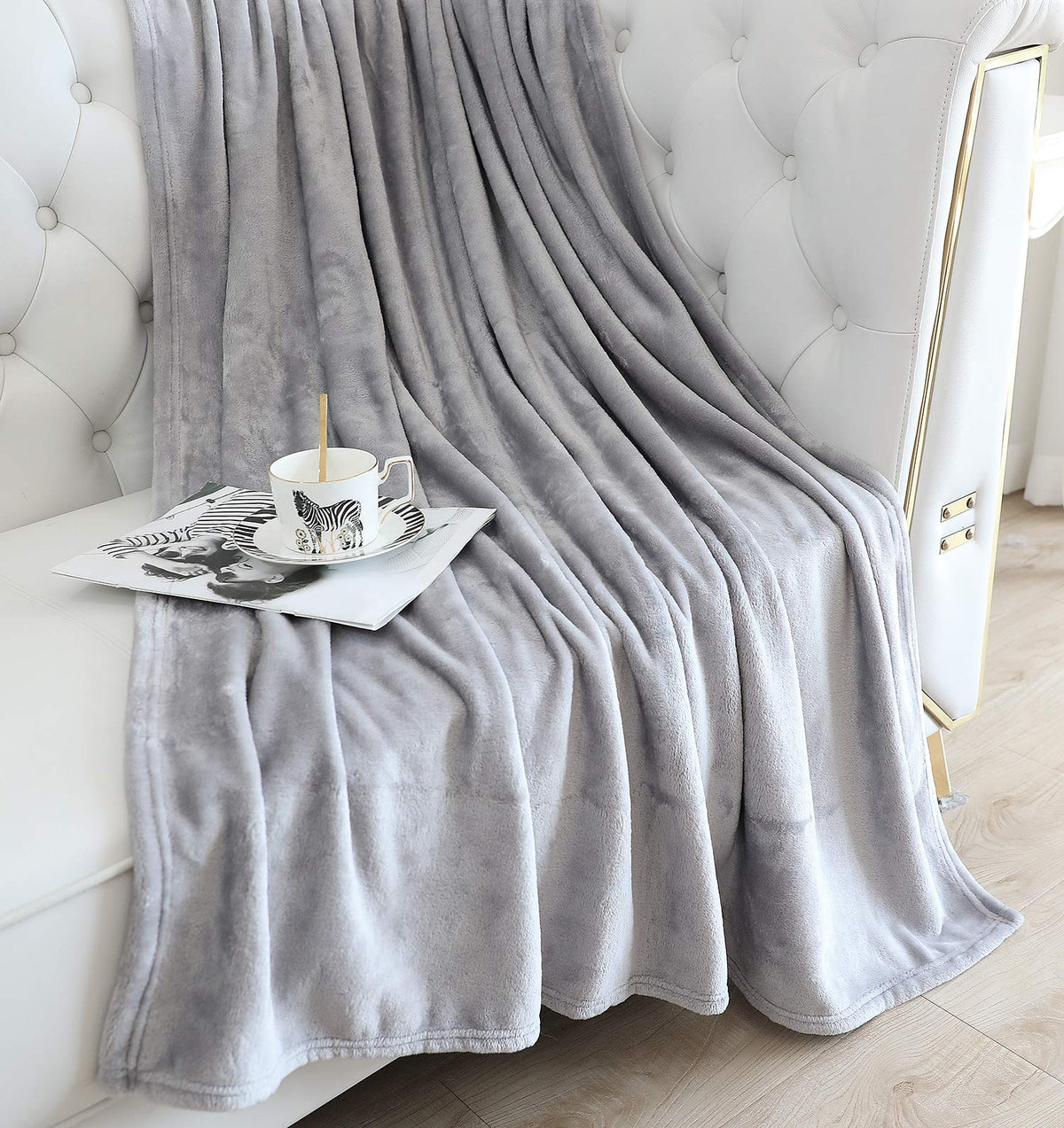 TASTHROW Large Flannel Fleece Throw Blanket, 50×70 Inch - Cozy Lightweight Thick Blanket - All Seasons Suitable for Women, Men and Kids (Light Grey)