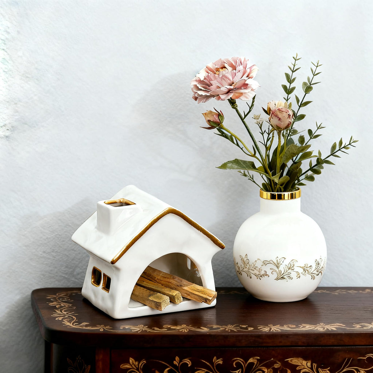 YIASSON Palo Santo Holder Chimney, Sage Holder for Burning, Palo Santo Burner, Sage Burner, Ceramic Christmas Cabin&Mini Chiminea Incense Burner, House Tea Light Burner, Smudge Bowl, Incense Holder