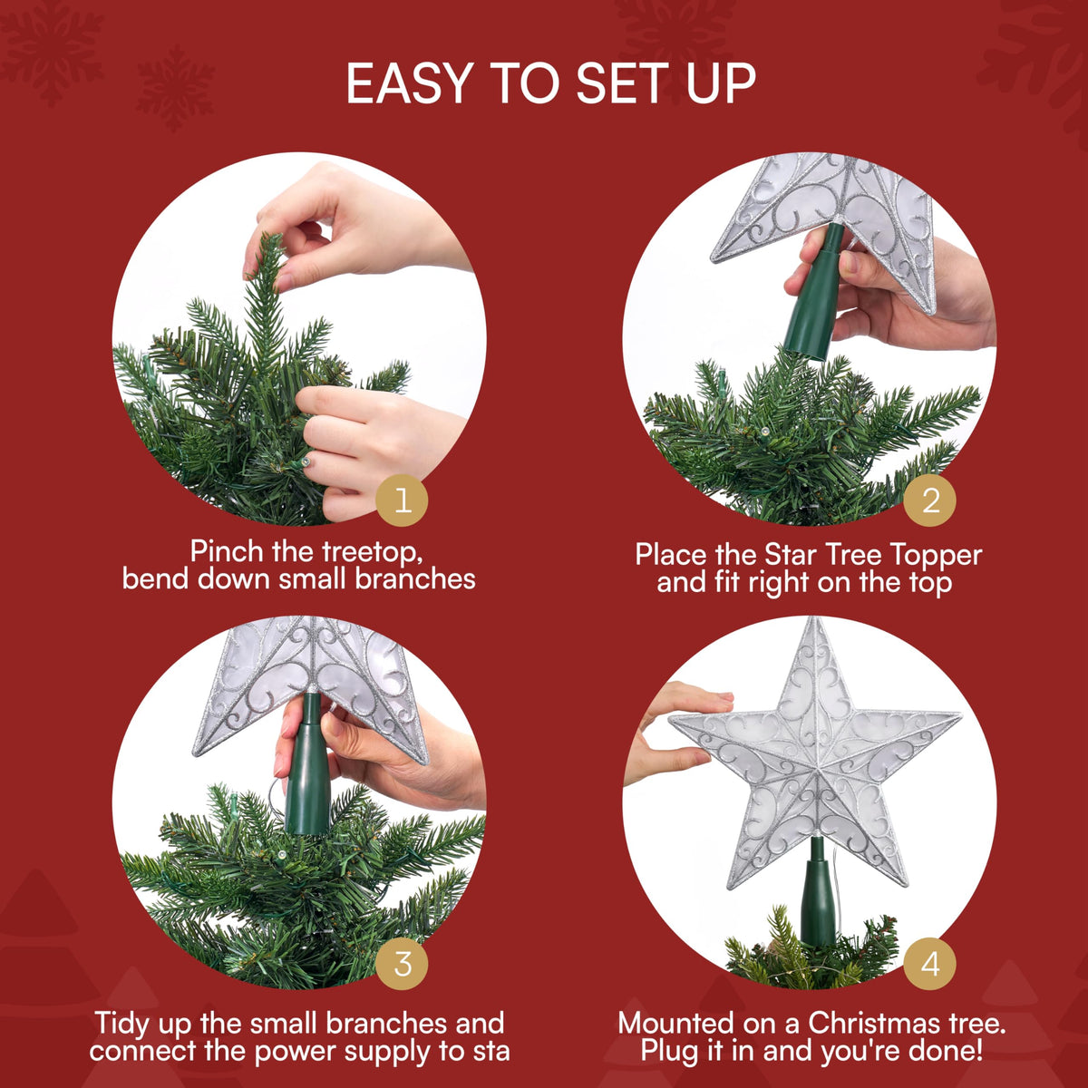 JOIEDOMI 9 inch Silver PVC Star Christmas Tree Topper, with 10 Warm White Light Glitter Swirl Battery Powered Indoor Decorations for Home Holiday Xmas Party