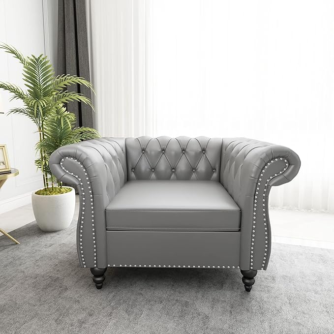 ORRD 3 Piece Living Room Set, Chesterfield Leather Sofa Loveseat Couch Chair