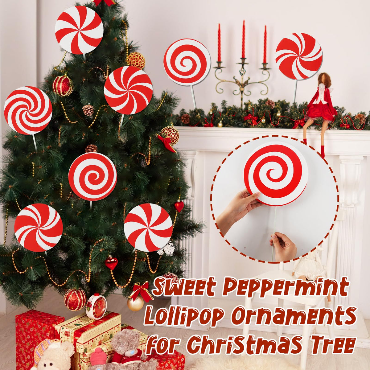 12Pcs Large Candy Christmas Tree Decorations Peppermint Lollipop Christmas Picks for Tree, 7.87" Red and White Candy Ornaments, Plastic Candyland Tree Topper for Xmas Holiday Party Vase Decor