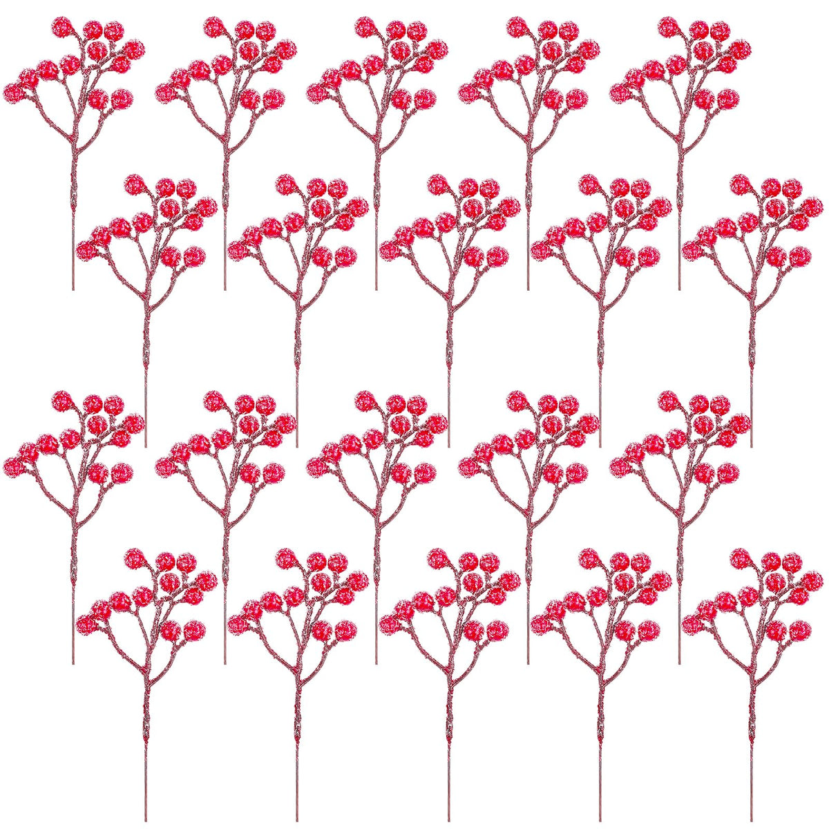Fangoo 20 Pack 7 Inch Artificial Red Berry Picks for Christmas Tree Burgundy Red Berries Stems Holly Berry Branches Ornaments Wreath Crafts Wedding Holiday Season Winter Home Decor (Sprays Snow Red)