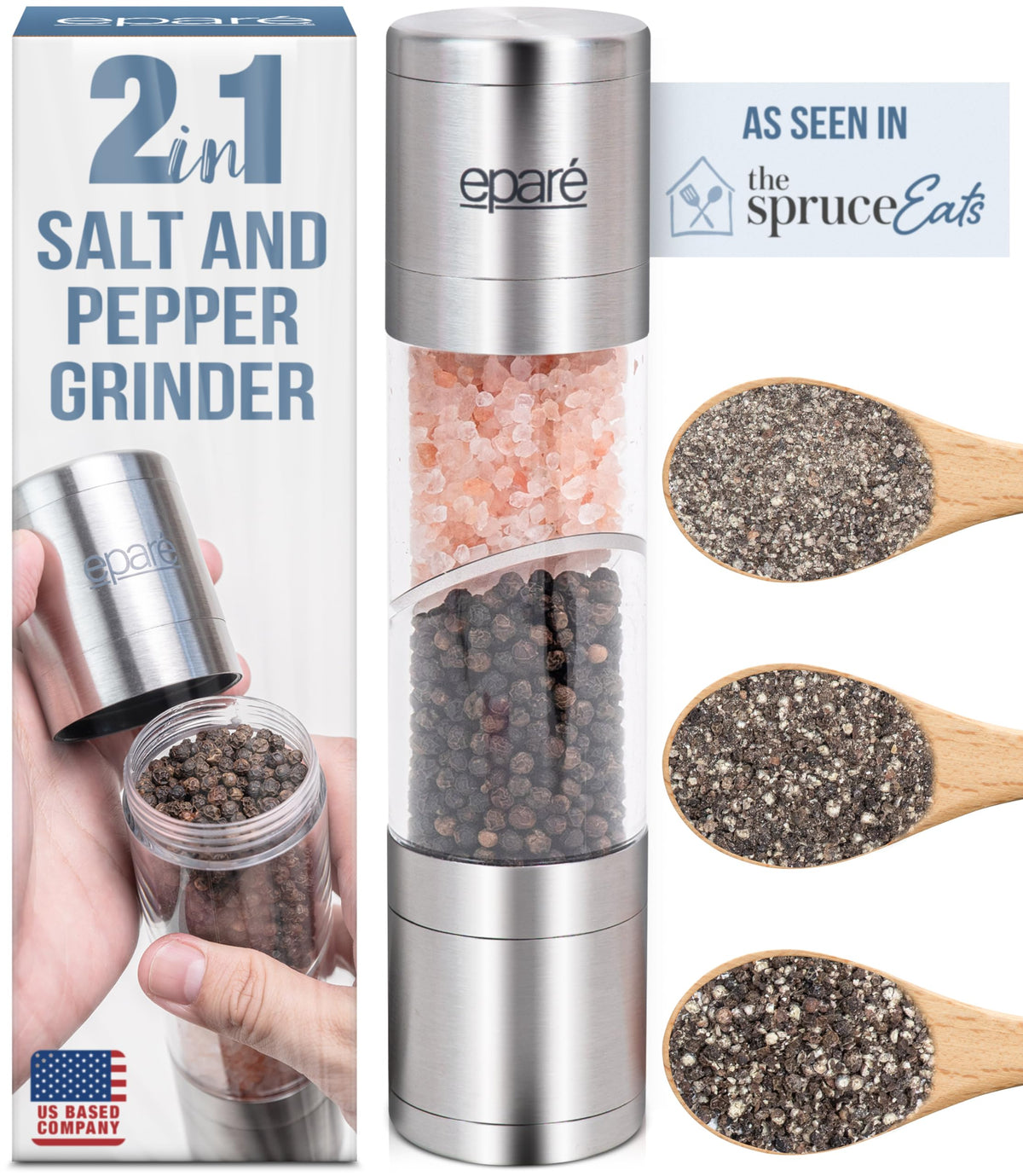 Eparé 2 in 1 Salt and Pepper Grinder Combo – Dual Space Saving for Kitchen & Dining - Manual Stainless Steel Salt and Pepper Grinder in One