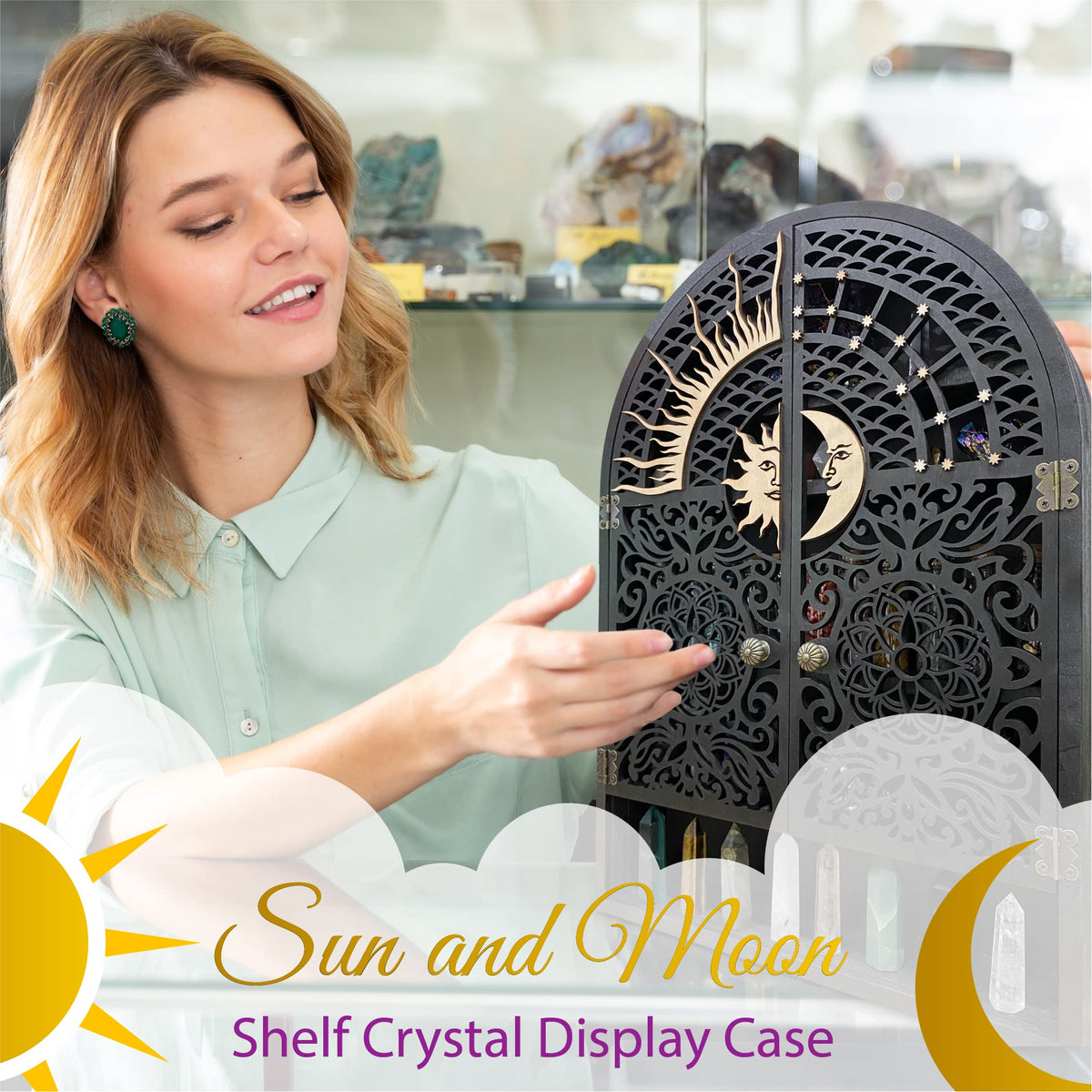Ella & Emma Sun & Moon Wall Shelf – 5-Tier Hardwood Crystal Display Cabinet for Stones, Essential Oils, Nail Polish – Witchy/Boho Moon Phase Home Decor
