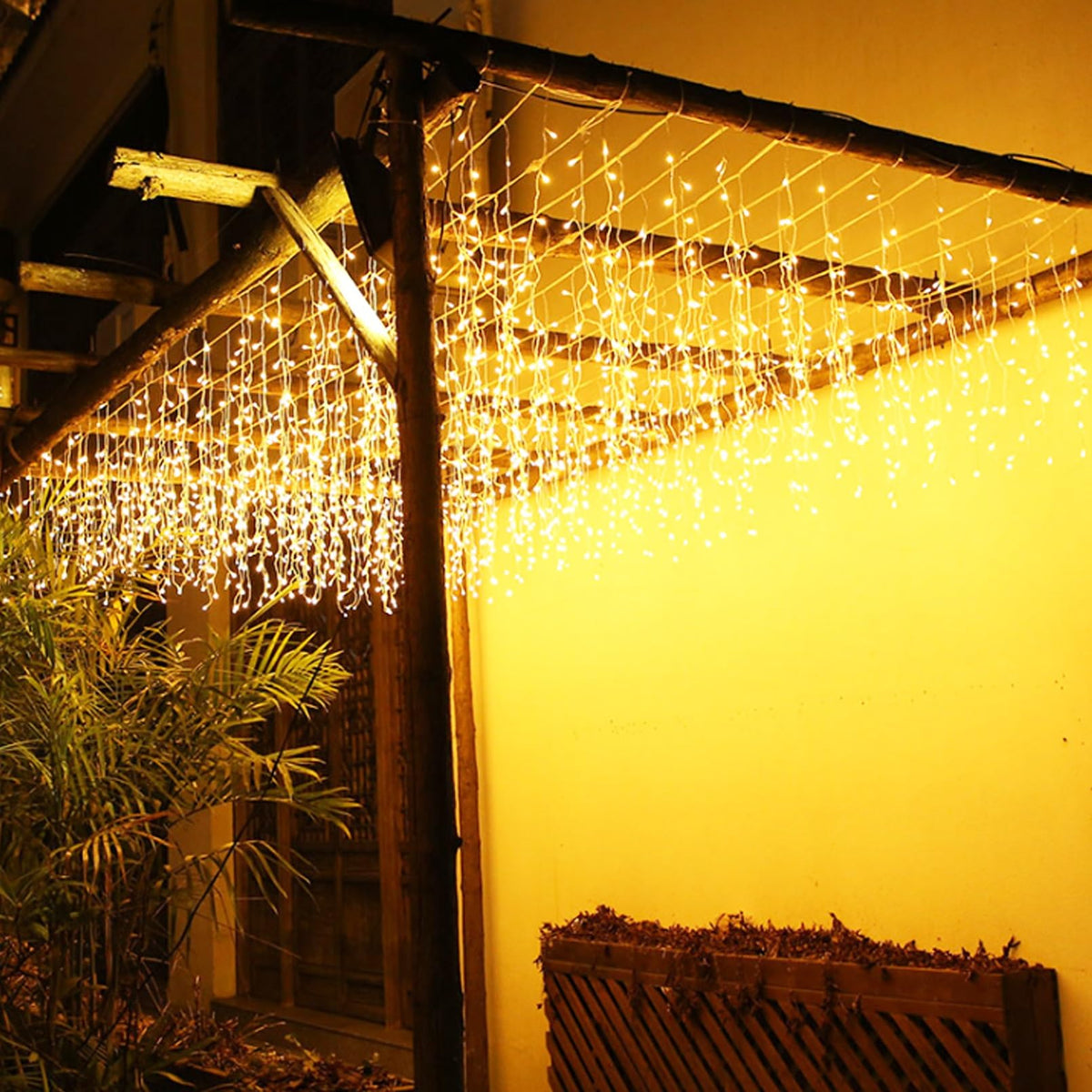 JAMISAY LED Icicle Lights, 8 Modes 16.4FT 112 LEDs Christmas Short Curtain Fairy Hanging Ceiling Extendable Lights for Wedding Balcony Doorway Outdoor Indoor Decoration Warm White, 5M04