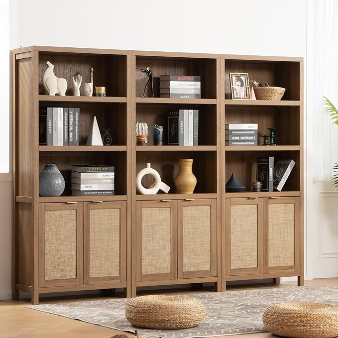 SICOTAS Bookcase 71" Tall Bookshelf 5 Tier Rattan Boho Bookcase