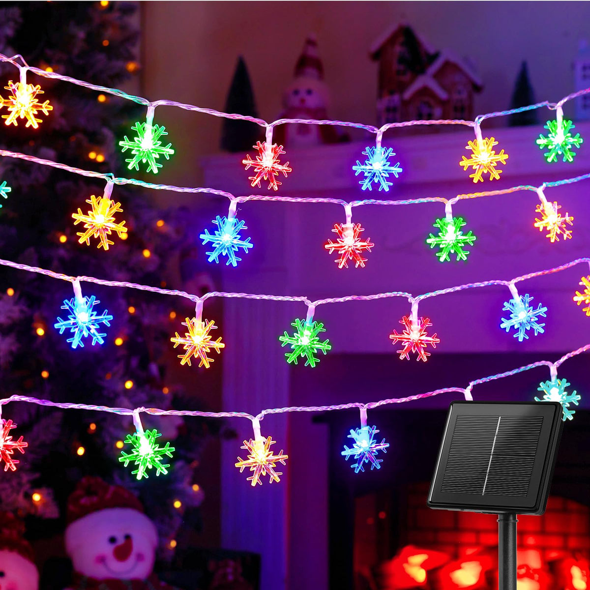 Brightown Solar Christmas Snowflake String Lights, 72FT 200 LED Outdoor Waterproof Fairy Lights with 8 Lighting Modes for Wedding, Party, Tree, Room, Garden, Patio, Yard, Home, Muliticolor