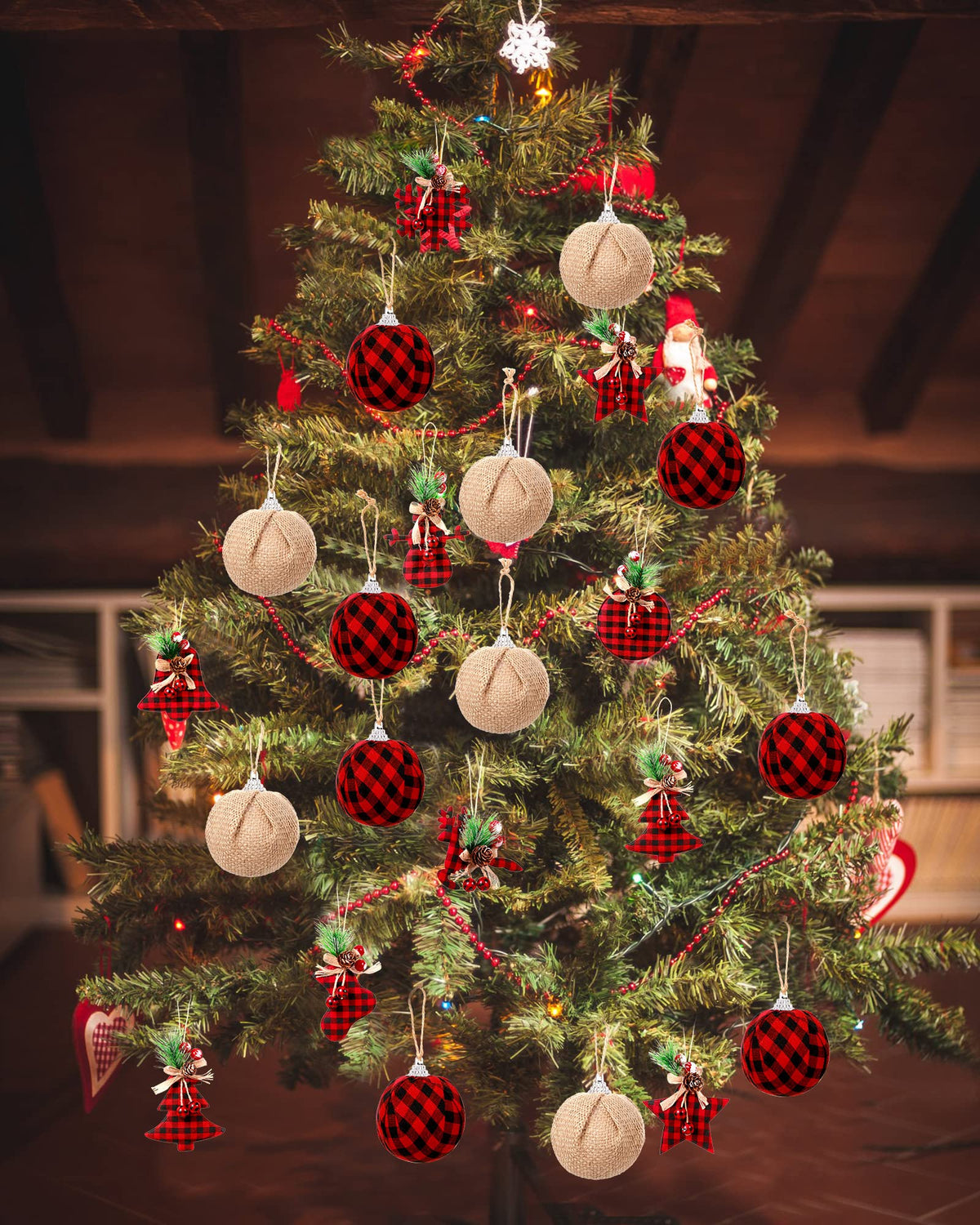 Sratte 20 Pcs Rustic Christmas Tree Ornaments Set 2.5" Hanging Burlap Plaid Ball 3.1"-6" Red/White Black Buffalo Check Ball for Farmhouse Christmas Ornaments Country Xmas Decorations(Red,Black)