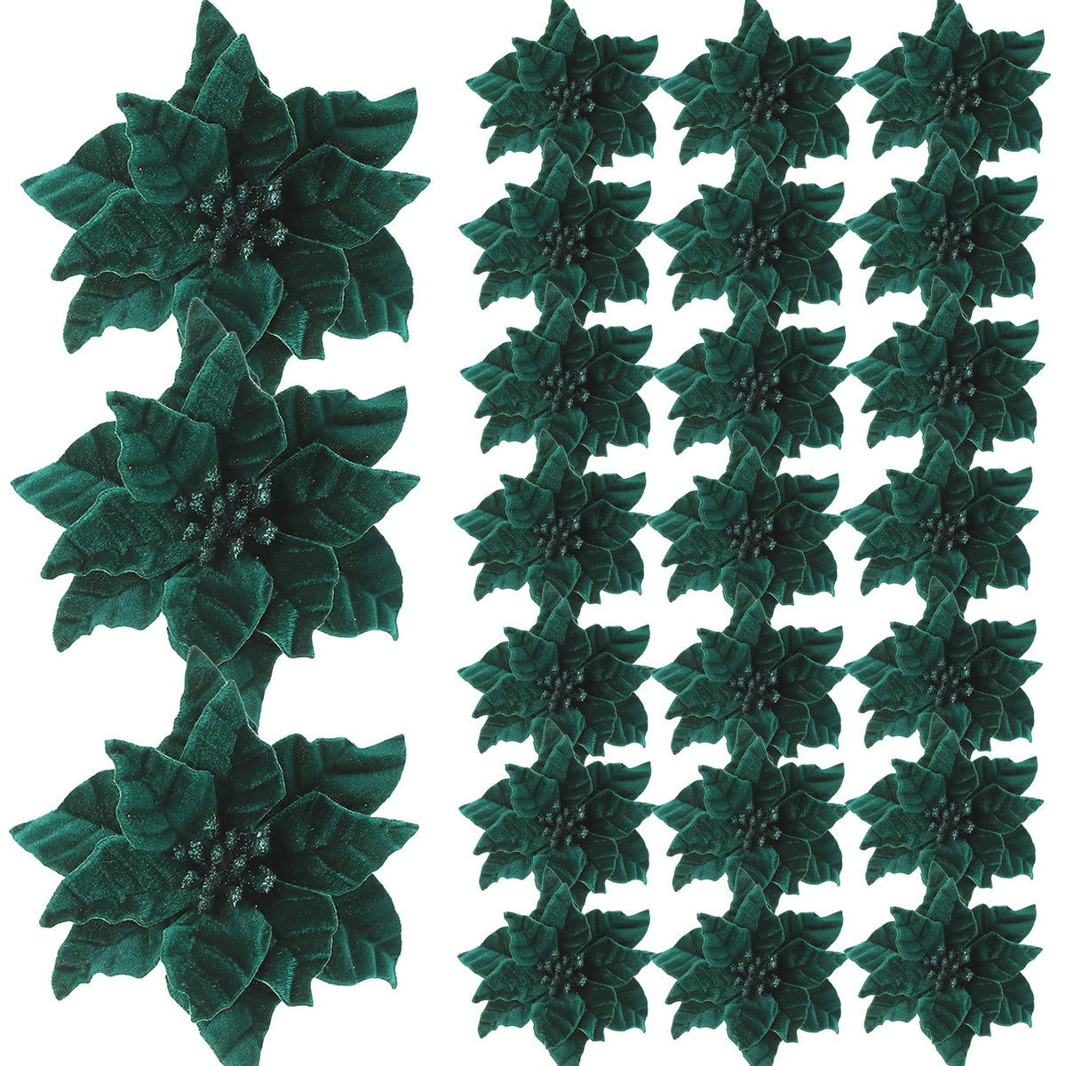 Garvee 24 Pcs Poinsettia Flowers Artificial, 6.3 in Large Velvet Christmas Flowers with Stems, Floral Picks for Christmas Tree Wreath Garland Ornaments Wedding Decor, Dark Green