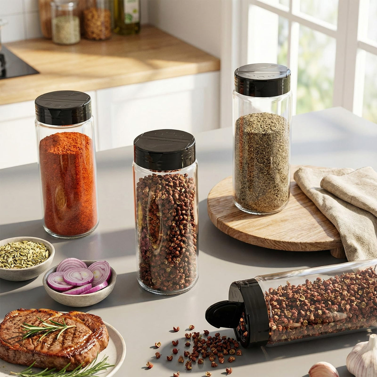 Acellegic 6 Pack 16 oz Glass Spice Jars with Shaker Tops Lids Large Spice Bottle with Lids for Kitchen, Herbs, Sugar, Pantry Herb Salt Pepper Storage (Round)