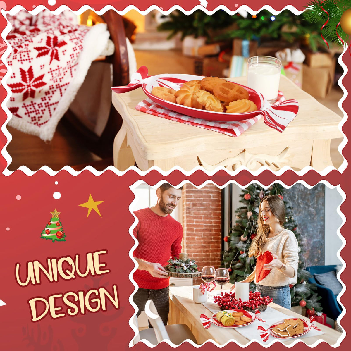 Teenyyou 2 Pcs Christmas Candy Dish Melamine Christmas Serving Tray Fruit Dessert Cookie Plates for Xmas Holiday Party Favor Dishwasher Safe
