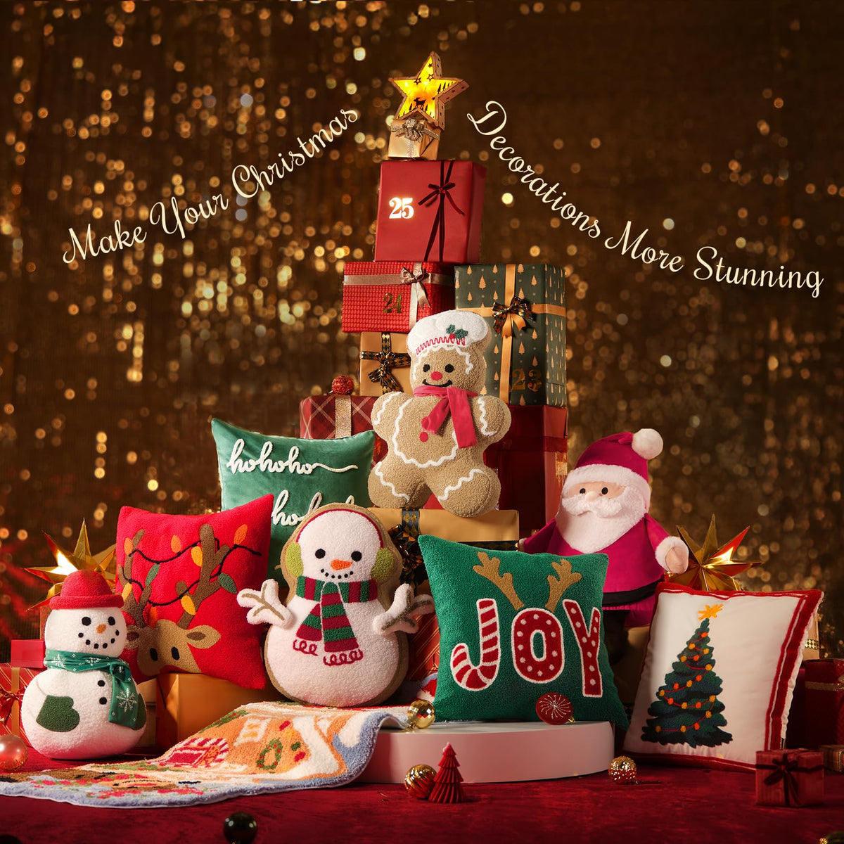 Phantoscope Gingerbread Merry Christmas Throw Pillow, Plush Teddy Xmas Gingerbread Shaped Pillows with Chef Hat & Scarf, Christmas Decorative Pillow for Couch Living Room Bed, Beige, 20 x 13.5 inches