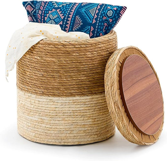 Wimarsbon Round Pouf Ottomans, Handwoven Natural Water Hyacinth Seagrass Pouffe