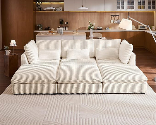 115" Oversized Corduroy Couch Modular Sectional Sofa, Washable Cloud Couch