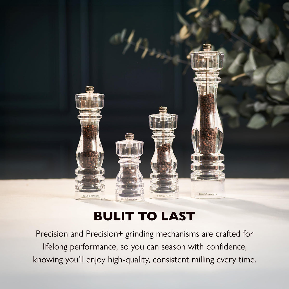 Cole & Mason London Acrylic Salt and Pepper Mill Set, 130mm, Precision+ Carbon/Ceramic Mechanisms, Salt and Pepper Grinders with Adjustable Grind, Gift Set