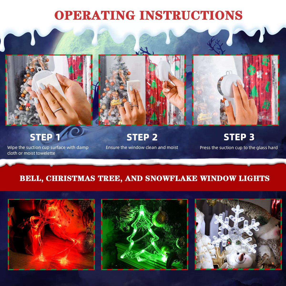 LOLStar Christmas Window Decorations,3 Pack Jingling Bell,Christmas Tree,Snowflake Christmas Window Lights with Suction Cup, Timer Function & Slow Fade Mode Battery Operated Indoor Lights