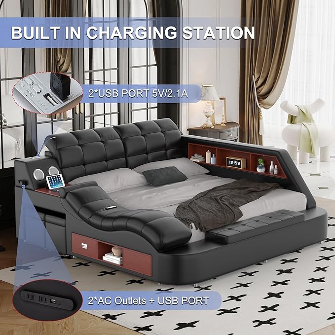 Multifunction Smart King Bed Frame, Luxury Upholstered Platform