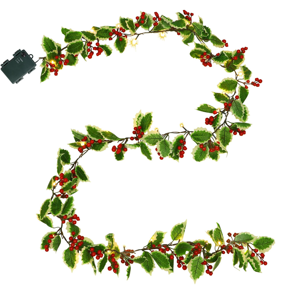 Juegoal Christmas Garland, 9FT Pre-lit Red Berries & Holly Leaves Garlands, Artificial Lighted Berry Garland Battery Operated with Timer, Indoor Outdoor Xmas Fireplace Gate Home Winter New Year Decor