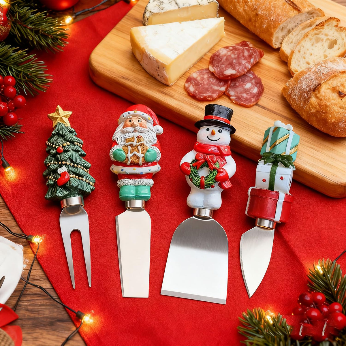 Linwnil 4-Piece Hand Christmas Resin Handles Cheese Knives, Xmas Charm Cheese Spreader Knife for Charcuterie Board Tools