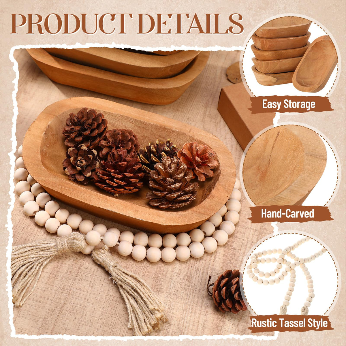 LemonRoad 12 Pcs Wooden Dough Bowl Making Wood Table Centerpiece Decorations Beads String with Tassel Decorative Bowl Natural Rustic Filler Tray Farmhouse Dining Kitchen(Caramel,Short)