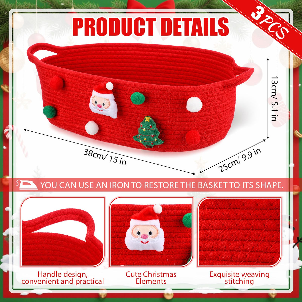 FoldTier 3 Pack Christmas Gift Basket Empty 15 x 9.9 x 5.1 Inch Santa Red Christmas Storage Bin with Handles, Woven Cotton Rope Basket for Gifts Holiday Treats Party Supplies, Home Xmas Decorations