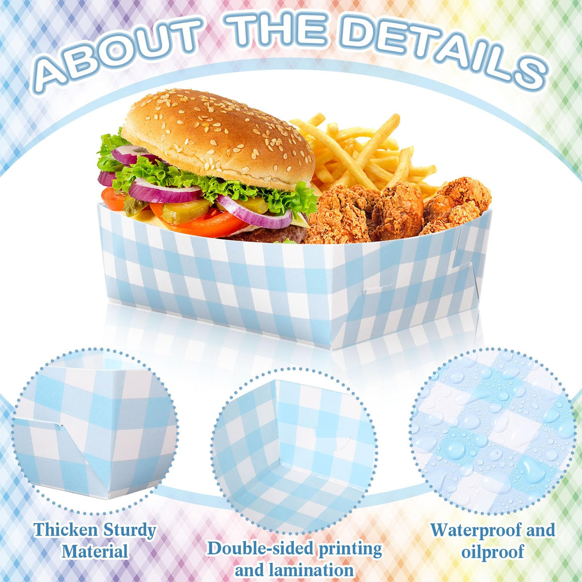 Suclain 48 Pack Light Blue and White Gingham Paper Trays 5 lb Grease Resistant Large Snack Serving Trays Disposable Food Boats for Christmas Party Baby Shower Supplies