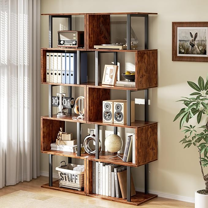 Furologee 6 Tier Bookshelf, Tall S Shaped Geometric Bookcase, Modern Display