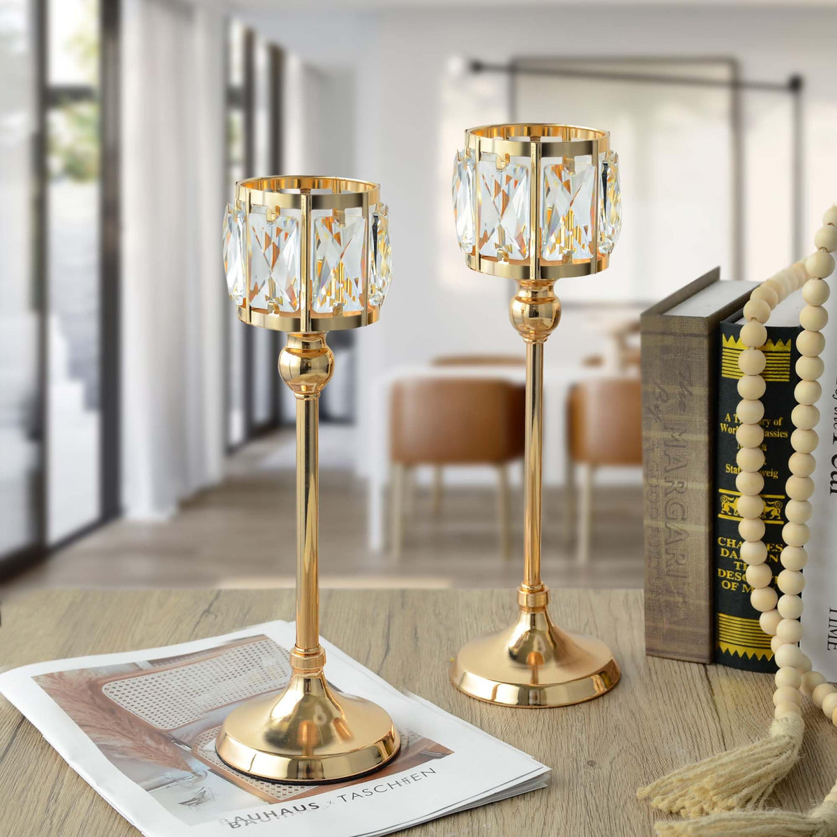 2 Piece Crystal Bowl Tealight Candelabra Votive Candle Stands, Wedding centerpieces for Tables Crystal Candlestick，Centerpiece Table Decorations (Gold 2PS)
