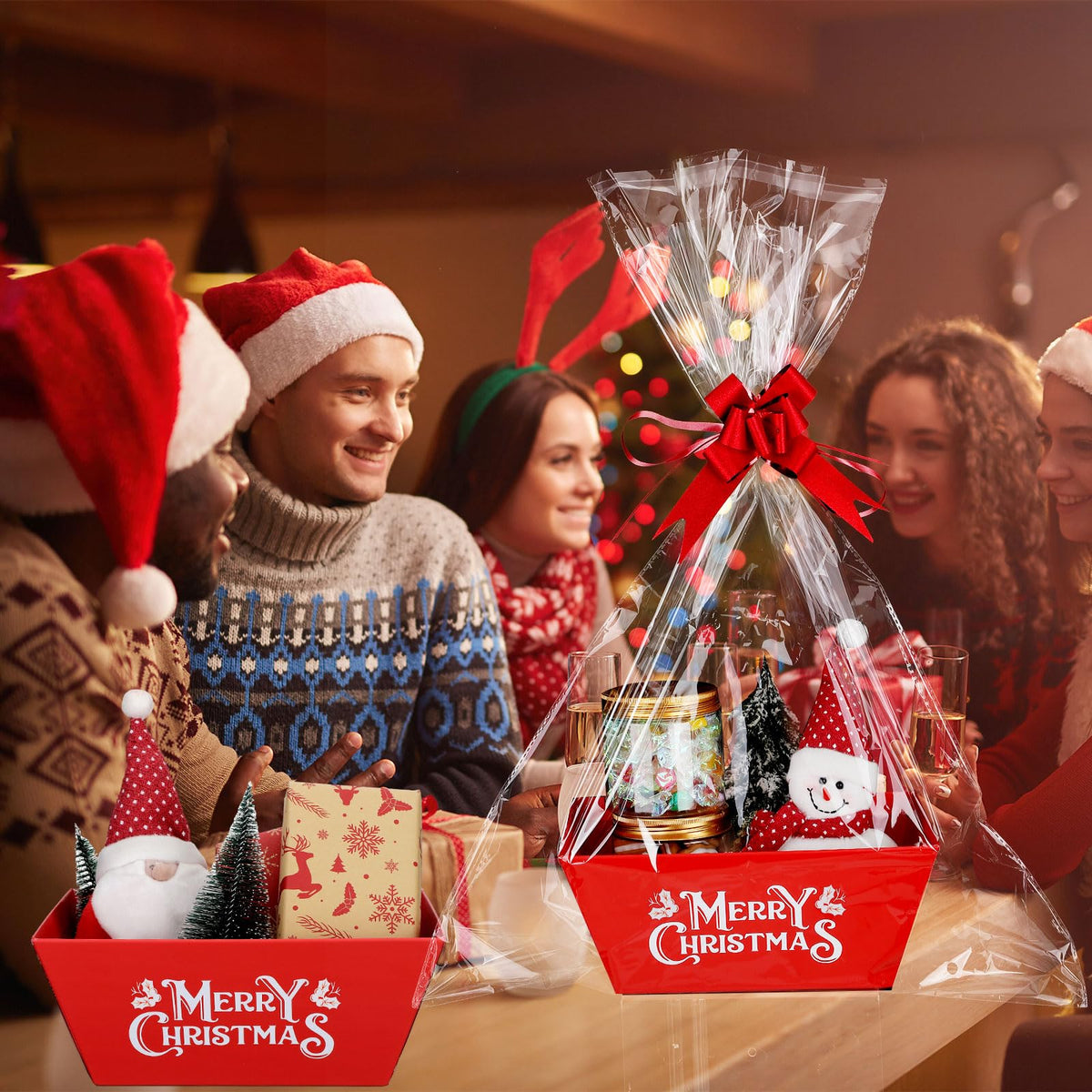 Cholemy 24 Sets Christmas Basket for Gifts Empty 10 x 8 Inch Sturdy Empty Gift Basket Bulk with Handle Large Cardboard Gift Baskets Trays to Fill Wine Candy for Xmas Holiday Birthday Party Supply