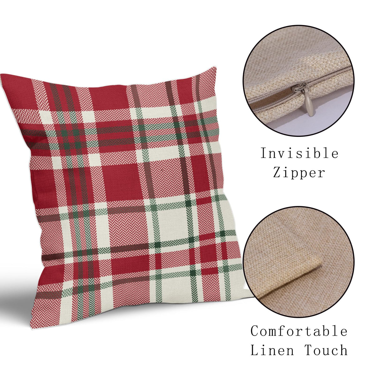 Christmas Plaid Pillow Covers 18x18 Set of 2 Red Green Cream Buffalo Checkered Decorative Tartan Pillowcases Xmas Winter Holiday Outdoor Rustic Farmhouse Throw Cushion Case Decor for Couch Sofa Bed