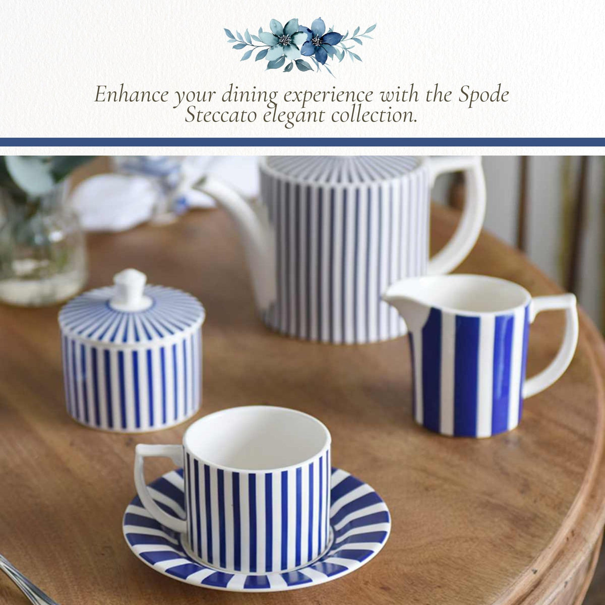 Spode Steccato Covered Sugar Bowl - 10 Ounce Earthenware Container with Lid, Cobalt Blue Striped Design, Microwave Dishwasher Freezer & Oven Safe - Ideal for Afternoon Tea & Gifting
