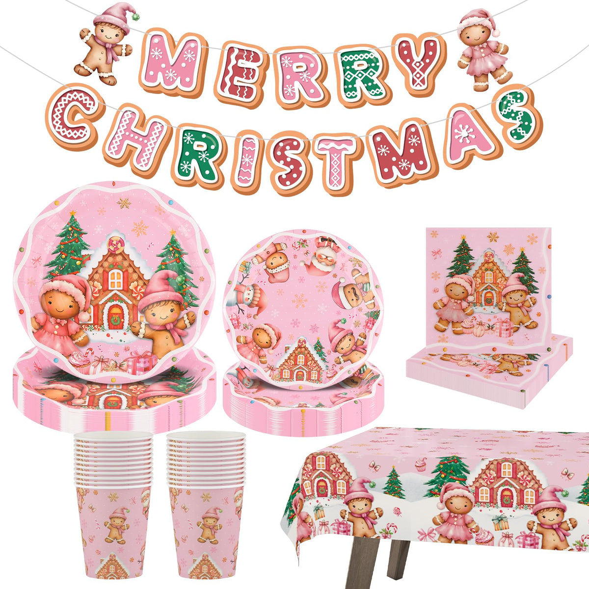 Arosche Christmas Gingerbread Party Decorations Set for 24-Disposable Paper Plates and Napkins, Cups, Garland, Tablecloths, Merry Christmas Party Supplies for Xmas Winter Birthday Table Decor