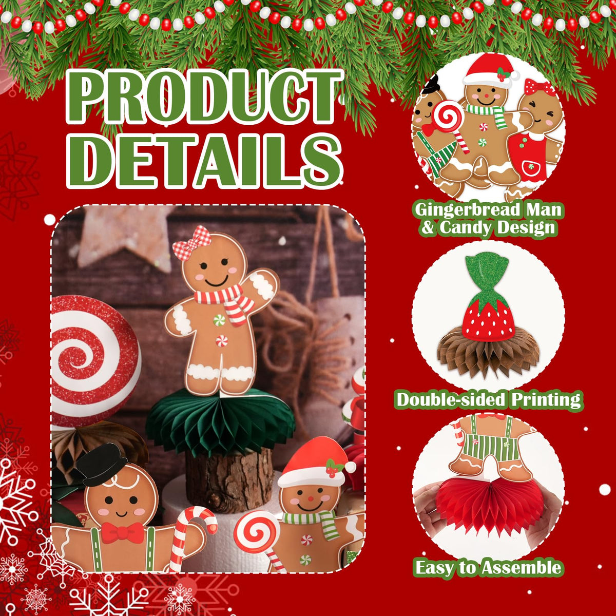Gingerbread Christmas Party Table Decorations Centerpieces,10pcs Paper Gingerbread Man House Lollipops Candy Canes Honeycombs for Xmas Winter Holiday Birthday Party Decor Supplies