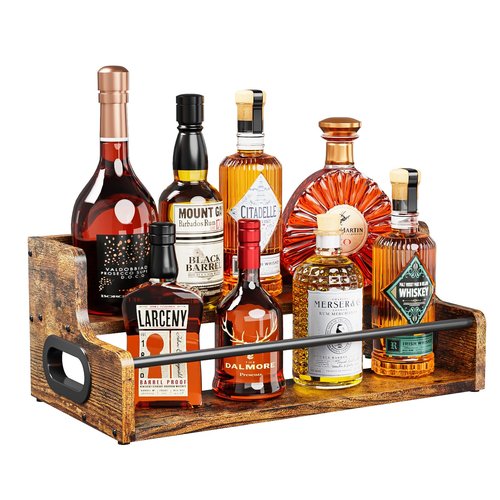 KLM Liquor Bottle Display Shelf, Coffee Syrup Rack Organizer, 2 Step Countertop Liquor Wine Rack, mini bar,Liquor Cabinet, Home Retro Bar Shelf Stand for Liquor Whiskey, Spirits, Brown