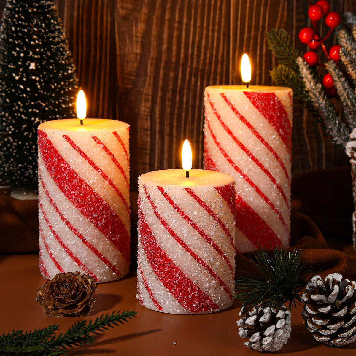 Lonfliness 5 Pcs Christmas Stripe Flameless LED Candles 6 Inch Christmas Candy Cane Candles with Sea Salt Granules Battery Operated Flickering Candlestick for Xmas Holiday Party Wedding Decor