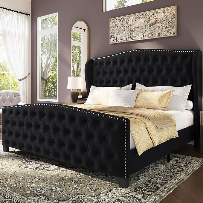 BRELTAM Upholstered Queen Size Bed Frame Velvet Black Tufted Platform Bed Frame