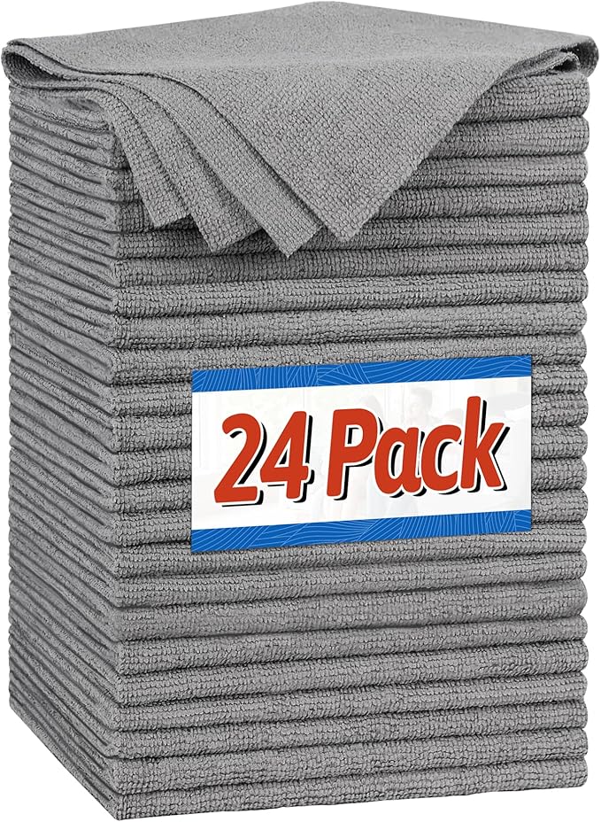 FIXSMITH Microfiber Cleaning Cloth, Shop Towels Bulk, 24 Pack Grey Microfiber
