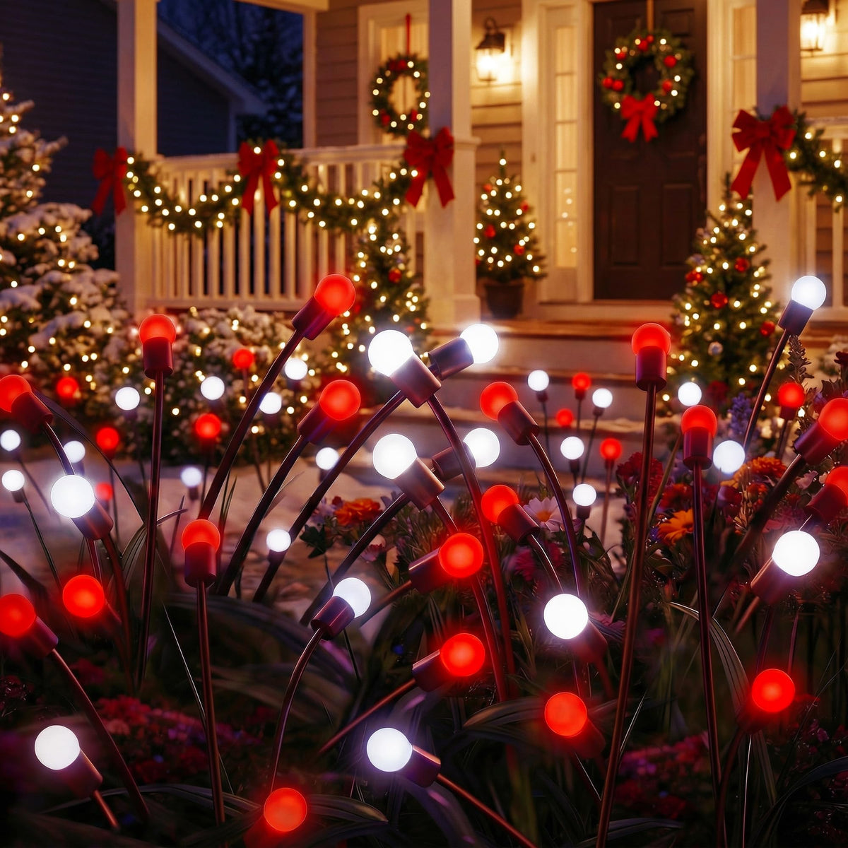 Sukesou Solar Christmas Firefly Lights, 2 Pack 6LED Red & White Solar Garden Stake Lights, IP65 Waterproof Auto On/Off Solar Powered Pathway Lights for Yard Patio Christmas Outdoor Decor