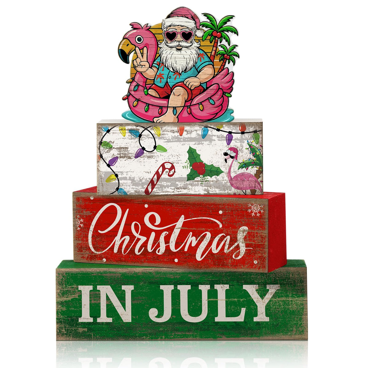 Lineshading 4 Pcs Summer Christmas in July Wooden Table Decoration Tropical Christmas Tiered Tray Decor Santa Claus Flamingo Beach Party Supplies Xmas Table Centerpiece Sets for Shelf Home Office