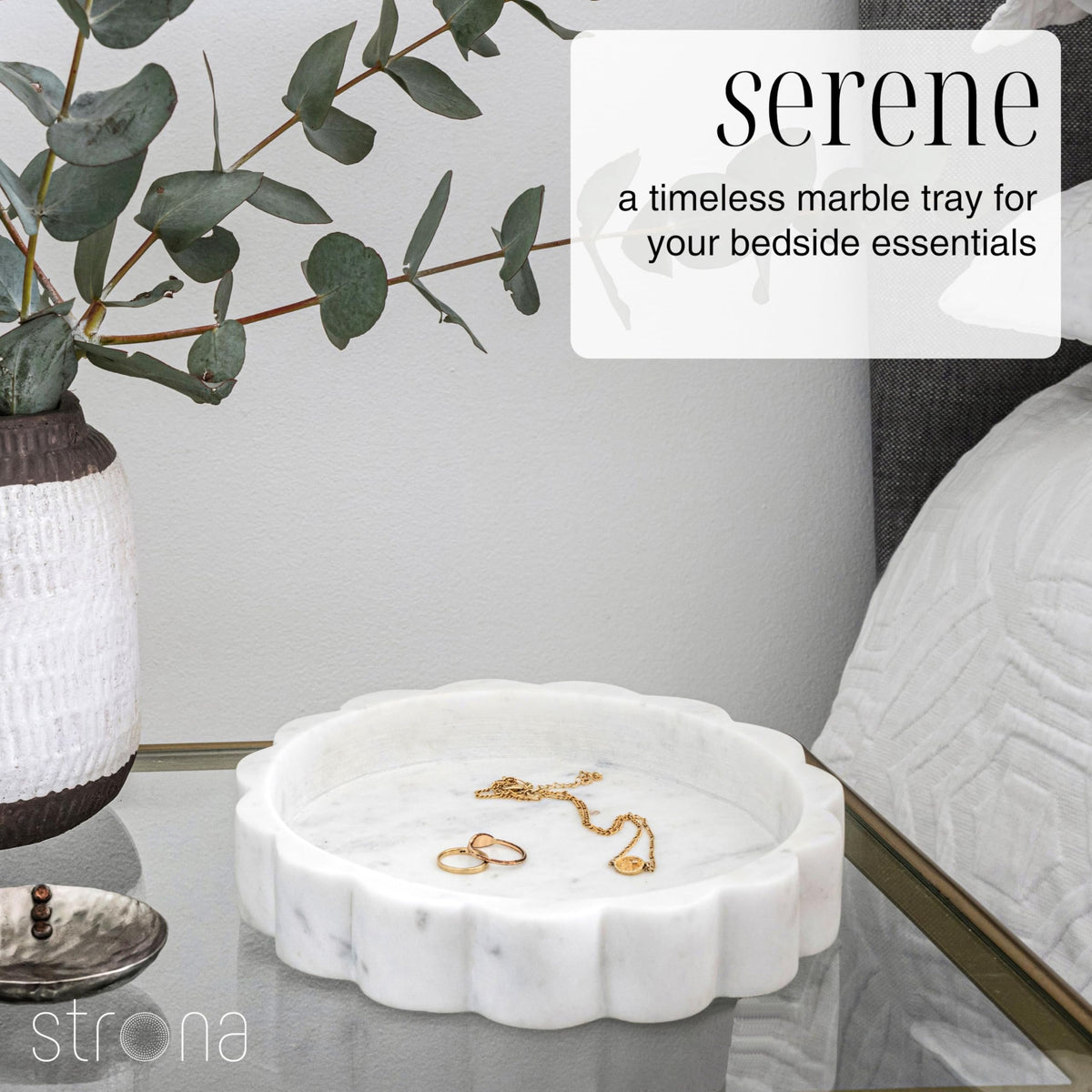 STRONA White Scalloped Marble Tray - 8" Round Stone Vanity Tray for Perfume & Jewelry, Marble Dish for Bathroom Countertop & Kitchen Counter, Decorative Tray for Bathroom & Kitchen, Modern Catchall