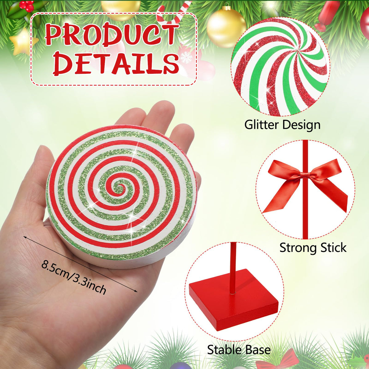 Amyhill 8 Pcs Christmas Candy Wooden Tabletop Decor Glitter Xmas Candy Cane Table Centerpiece Sign for Christmas Tiered Tray Home Desk Office Party Decoration(Exquisite,Red,Green)