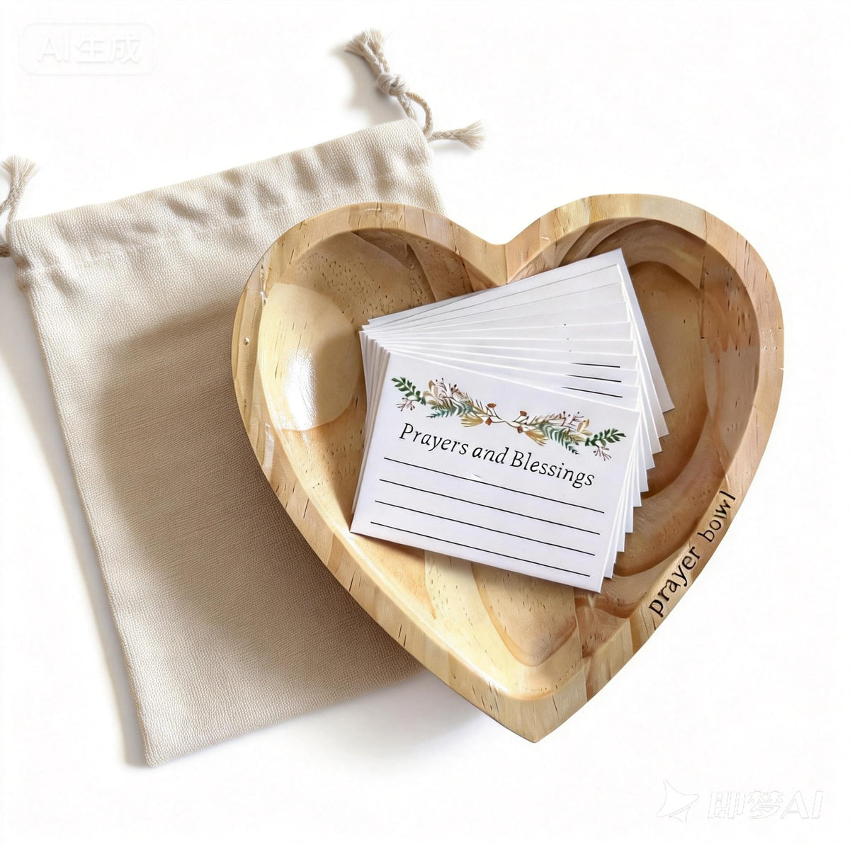 Prayer Bowl with 24 Blessing Cards,Christian Gifts for Women Men, Heart Wood Prayer Dough Bowl, Decor Bowl, Mothers Day Gifts, Birthday, Retirement, Religious Gift for Mom Dad with Storage Bag